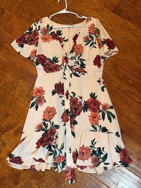 Floral Tie-Front Ruffle Mini Dress - Cream with Red & Green Floral Print